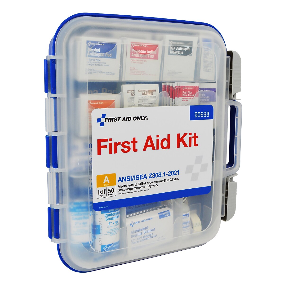First Aid Only ReadyCare Plastic First Aid Kit with Medication, ANSI 2021 Class A, 50 People, 238 Pieces, Clear/Blue (90698)