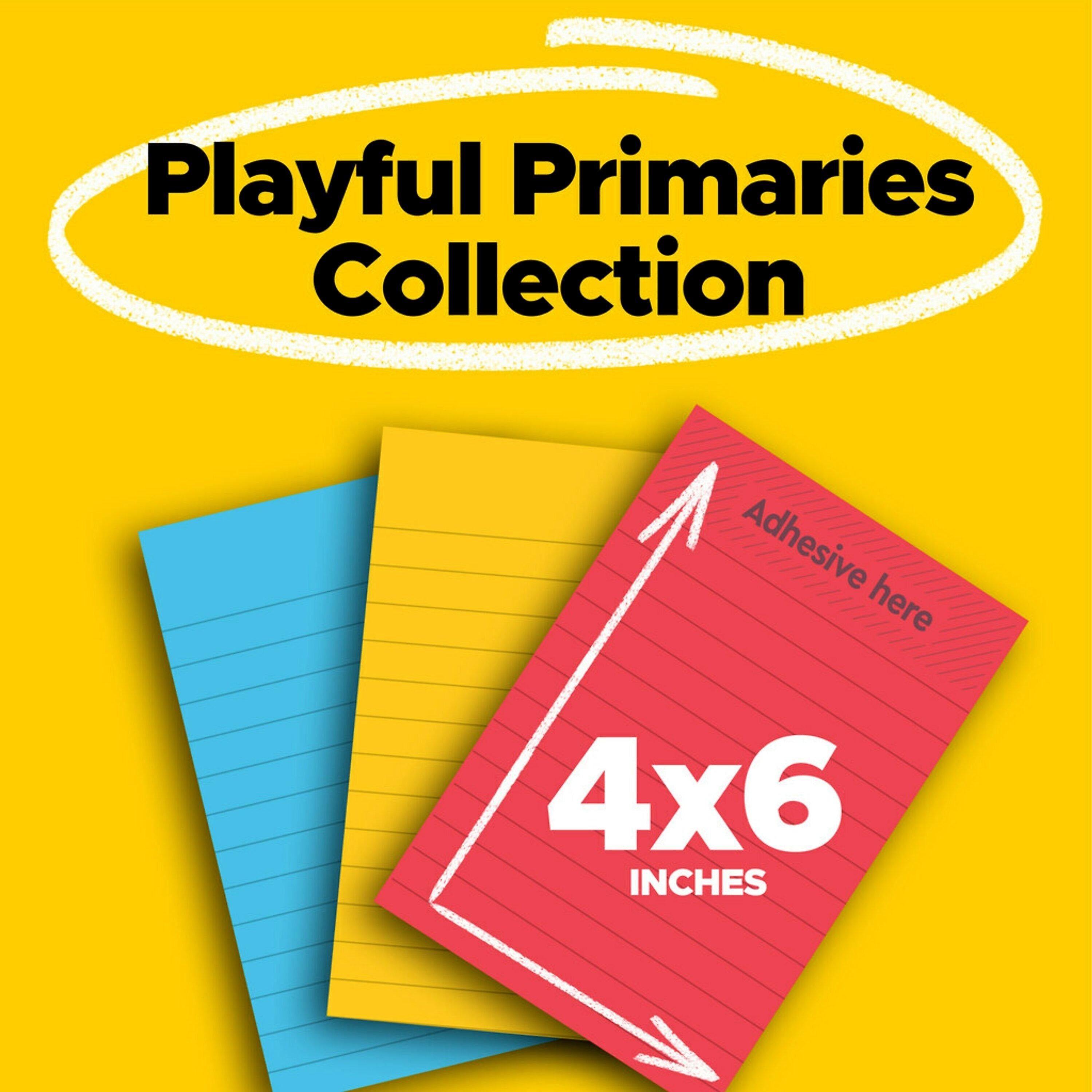 Post-it Super Sticky Notes, 4" x 6", Playful Primaries Collection, Lined, 90 Sheet/Pad, 3 Pads/Pack (6603SSAN)
