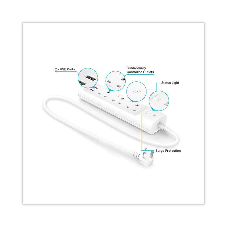 Kasa Smart WiFi 3-Outlet Power Strip, 3 AC Outlets/2 USB Ports, White