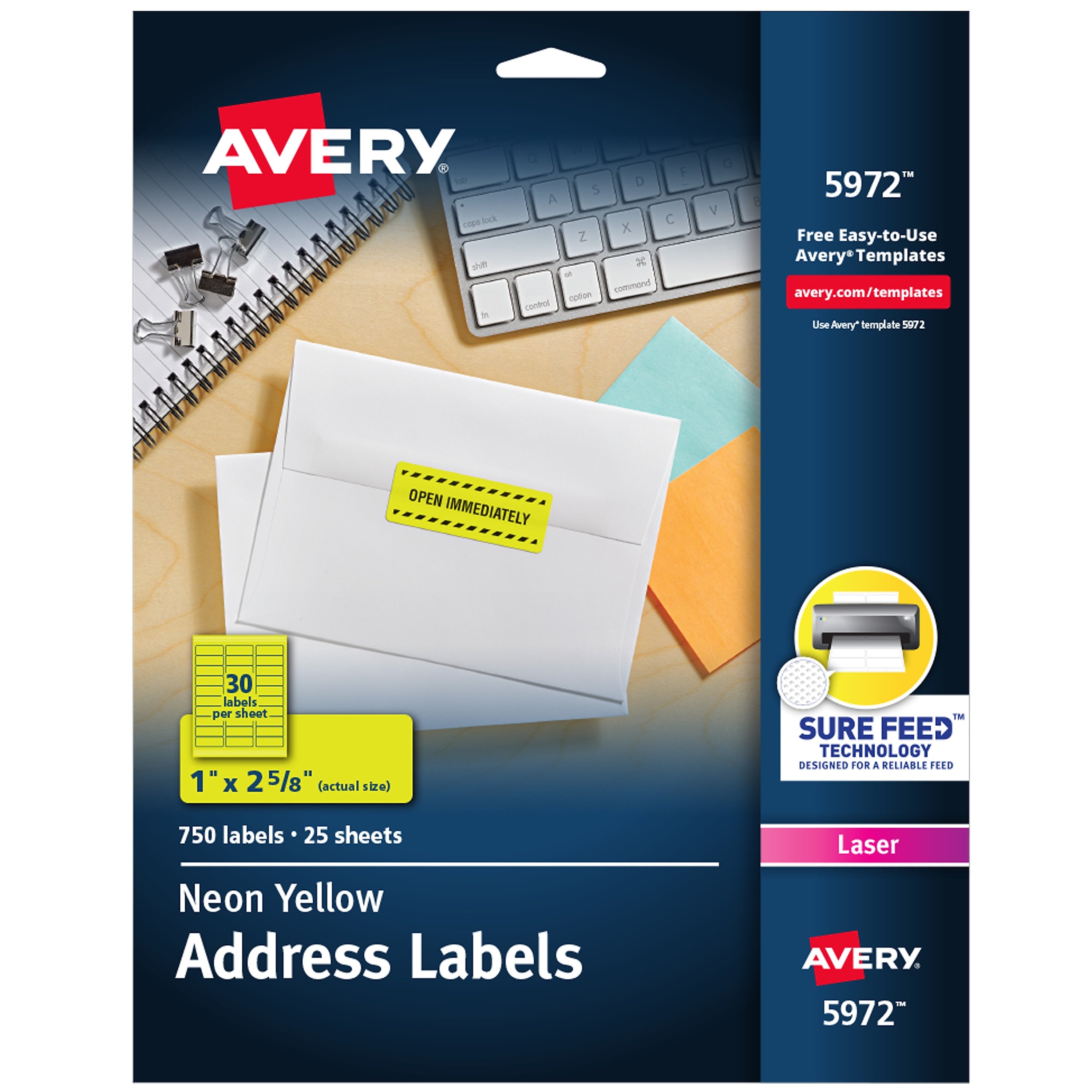 Avery Sure Feed Laser Address Labels, 1" x 2 5/8", Neon Yellow, 750 Labels/Pack (5972)
