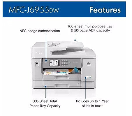 Brother INKvestment Tank MFC-J6955DW Wireless Color Inkjet Printer, All-In-One Supertank, Print, Scan, Copy, Fax