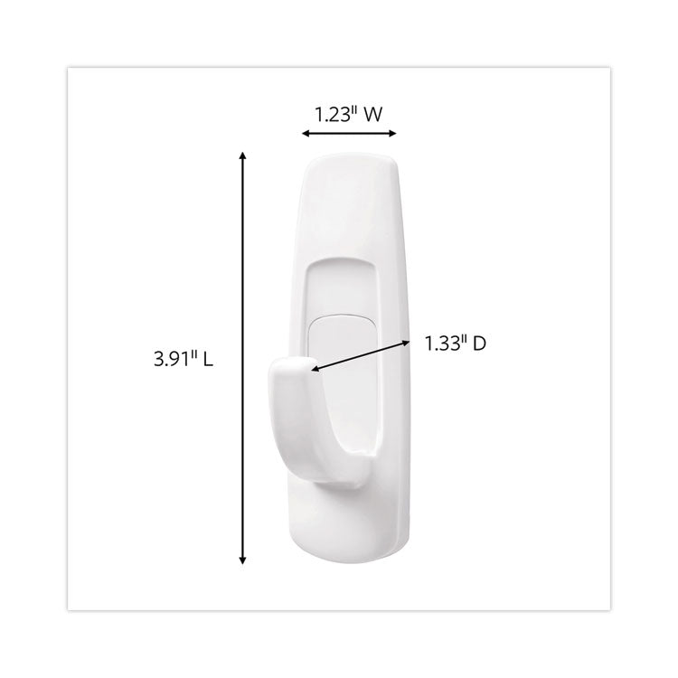 General Purpose Hooks, Large, Plastic, White, 5 lb Capacity, 1 Hook and 2 Strips/Pack
