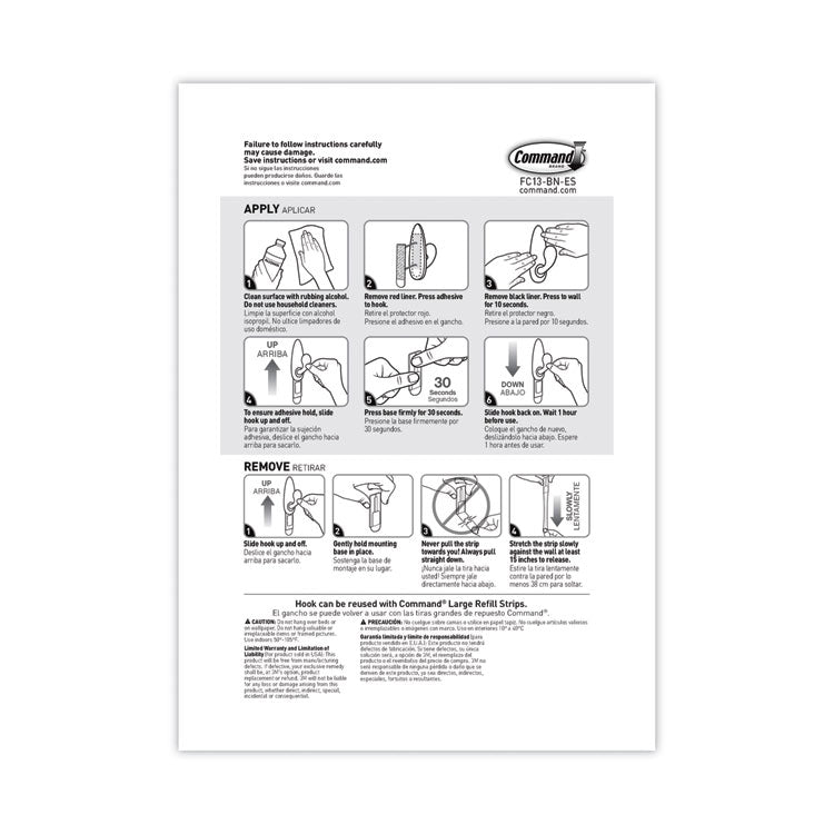 Adhesive Mount Metal Hook, Large, Brushed Nickel Finish, 5 lb Capacity, 2 Hooks and 4 Strips/Pack