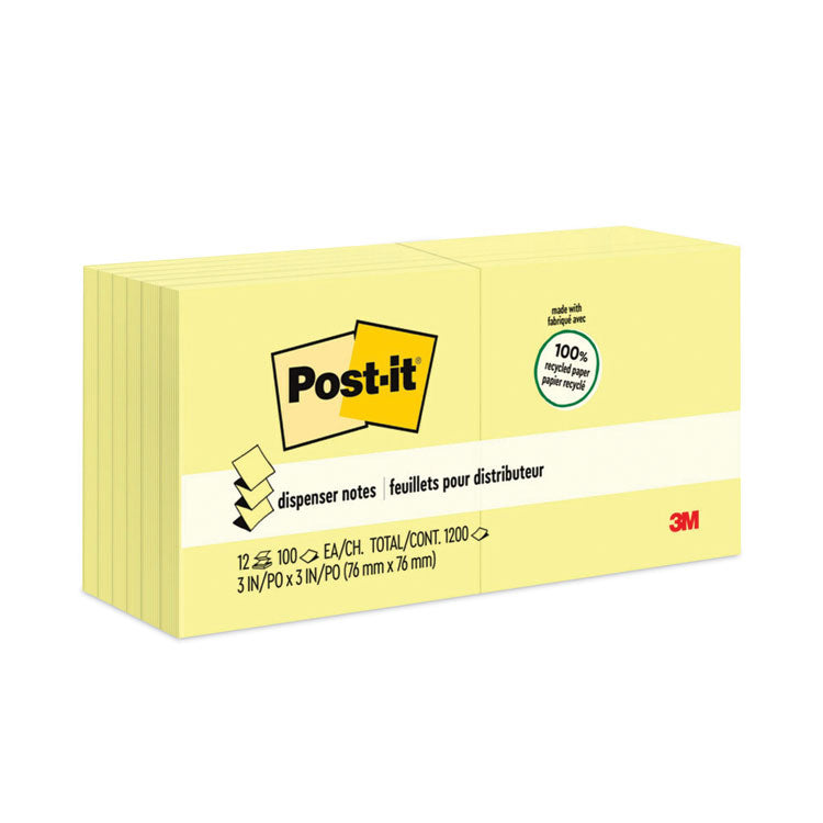 Original Recycled Pop-up Notes, 3" x 3", Canary Yellow, 100 Sheets/Pad, 12 Pads/Pack