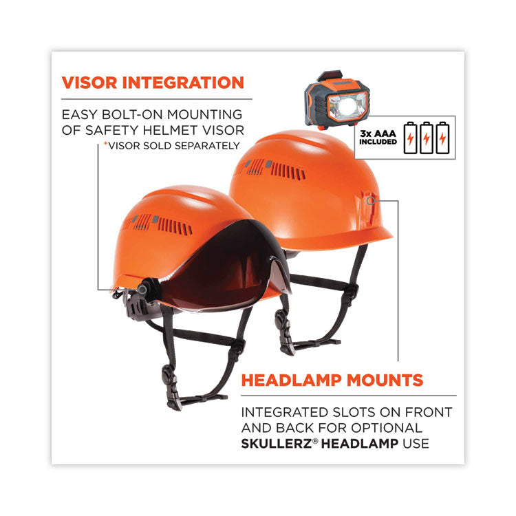 Skullerz 8975LED Class C Safety Helmet with 8981 Universal LED Headlamp, 6-Point Ratchet Suspension, Orange