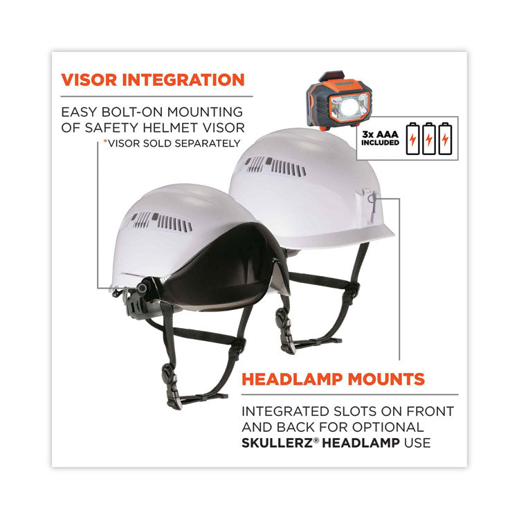 Skullerz 8975LED Class C Safety Helmet with 8981 Universal LED Headlamp, 6-Point Ratchet Suspension, White
