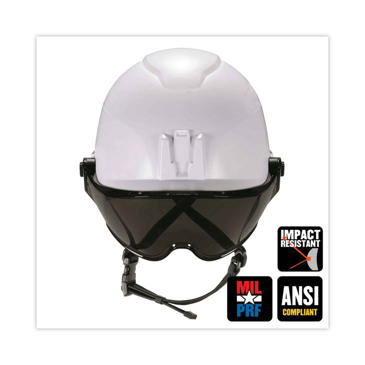 Skullerz 8974V Class E Safety Helmet with 8991 Visor Kit, Smoke Lens, 6-Point Ratchet Suspension, White