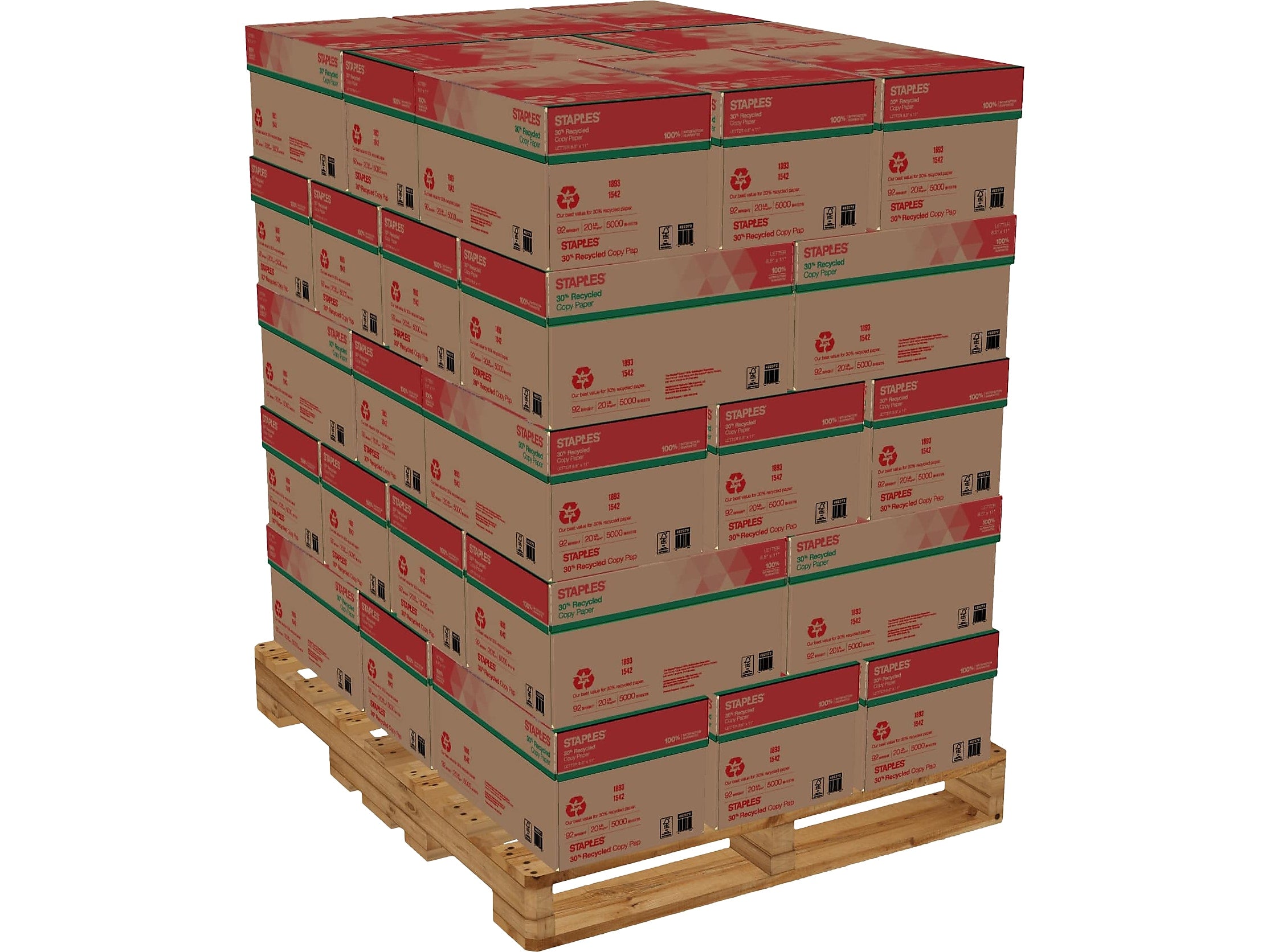 Staples 30% Recycled 8.5" x 11" Copy Paper, 20 lbs., 92 Brightness, 500 Sheets/Ream, 400 Reams/Pallet (1893)