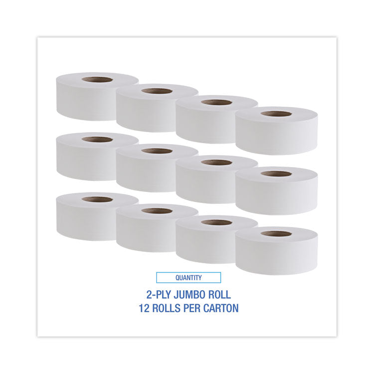 Jumbo Roll Bathroom Tissue, Septic Safe, 2-Ply, White, 3.4" x 1,000 ft, 12 Rolls/Carton