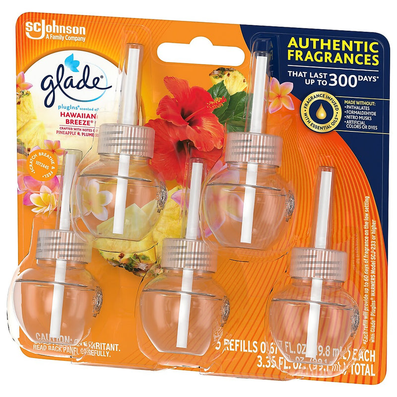 Glade PlugIns Scented Oil Warmer Refill, Hawaiian Breeze, 0.67 Fl. Oz., 5/Pack (315181EA)