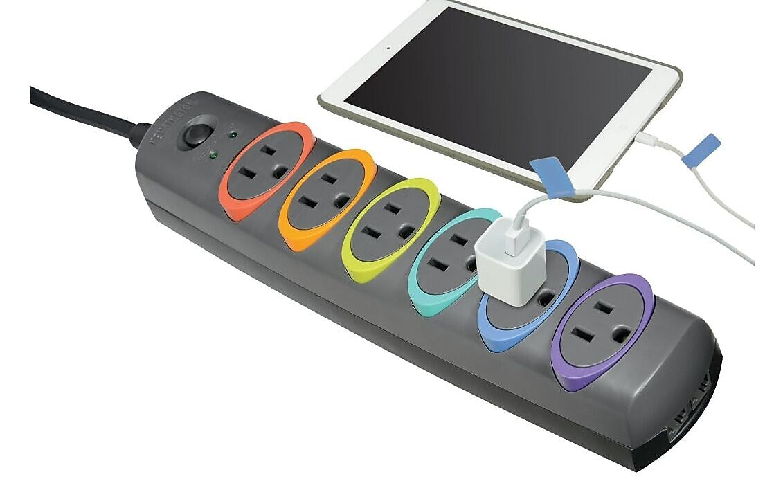 Kensington SmartSockets 6-Outlet Surge Protector, 370 Joules, 6' Cord, Multicolored (K62146NA)