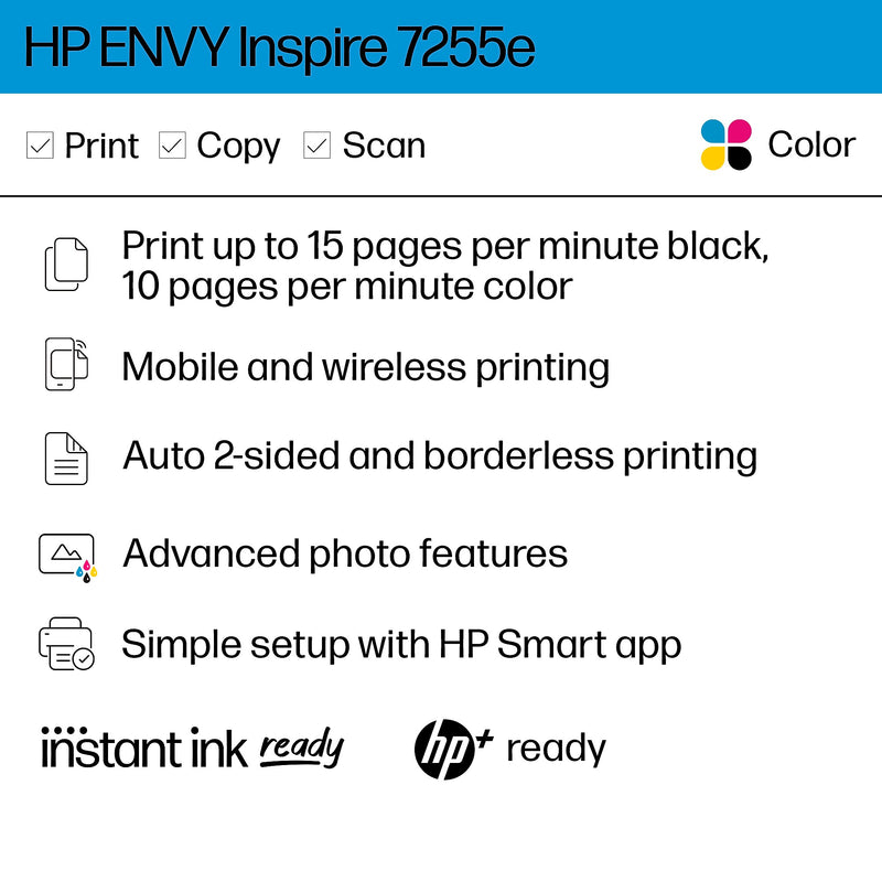 HP Envy Inspire 7255e Wireless Color All-In-One Inkjet Printer, Print, Scan, Copy, Best for Home, 3 Months FREE Ink with HP+