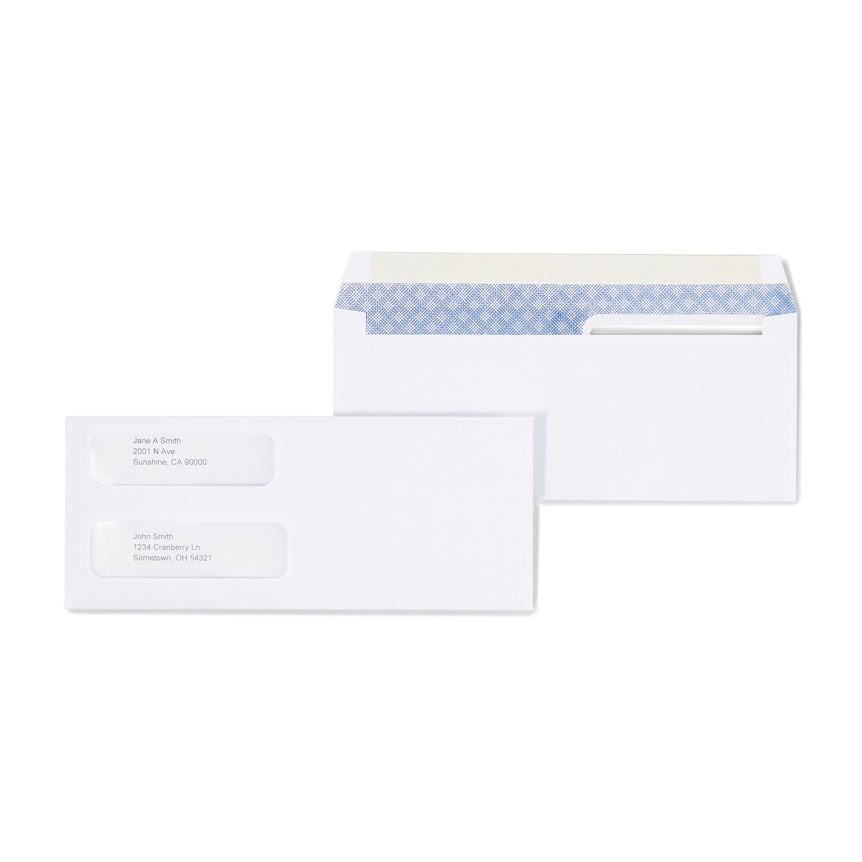 Staples Laser Security Tinted Double Window Envelopes, 3 5/8" x 8 7/8", Wove White, 500/Box (ST394062-CC)