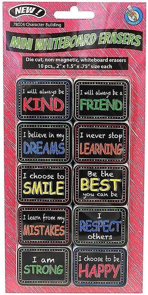 Ashley Productions Non-Magnetic Mini Whiteboard Erasers, Character Building, 10 Per Pack, 3 Packs (ASH78004-3)