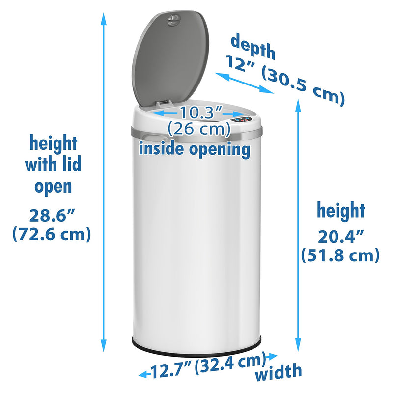 iTouchless Stainless Steel Round Sensor Trash Can with AbsorbX Odor Control System, White, 8 Gal. (MT08RW)