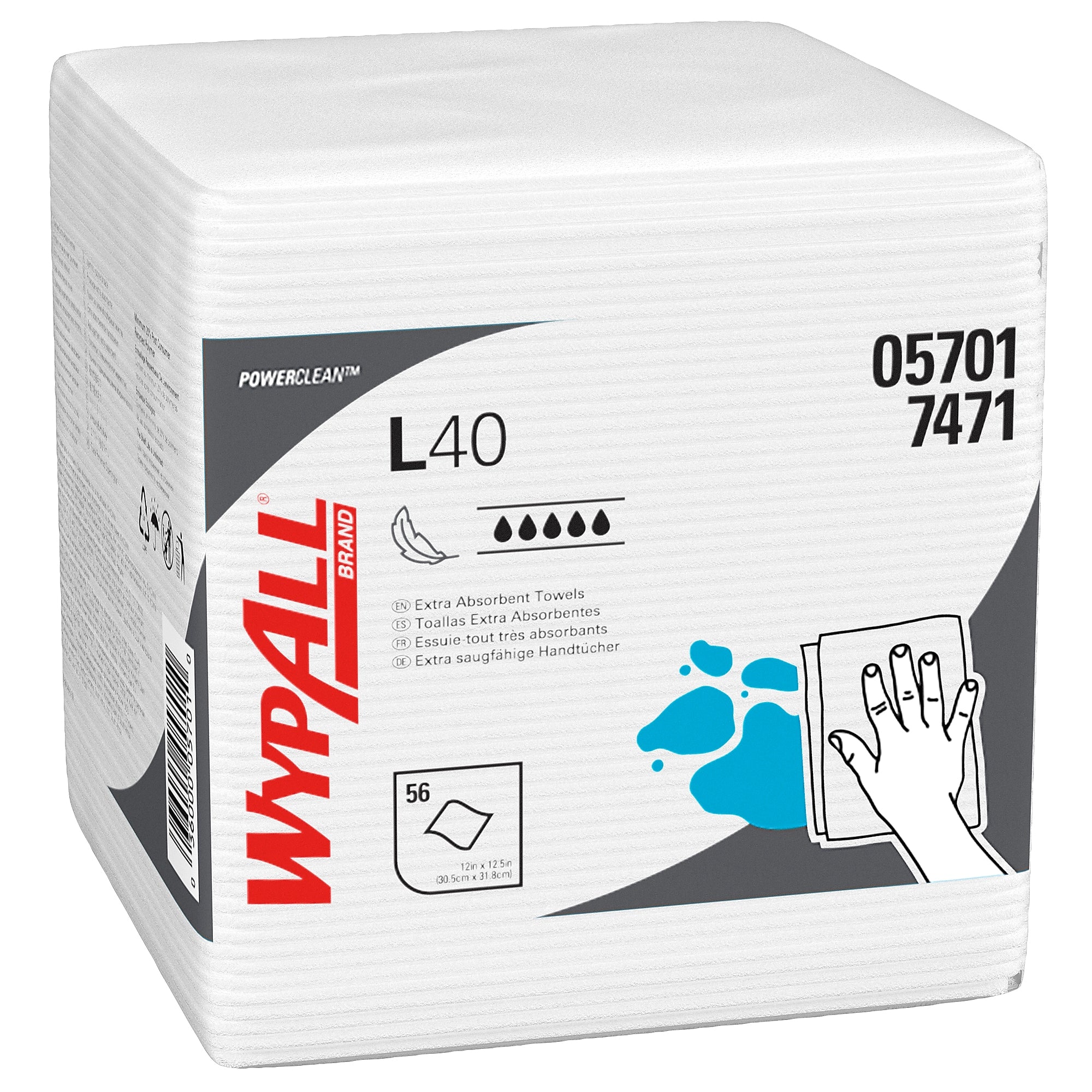 WypAll PowerClean L40 Cellulose Cleaning Wipers, 12" x 12.5", White, 56 Wipers/Box, 18/Carton (05701)