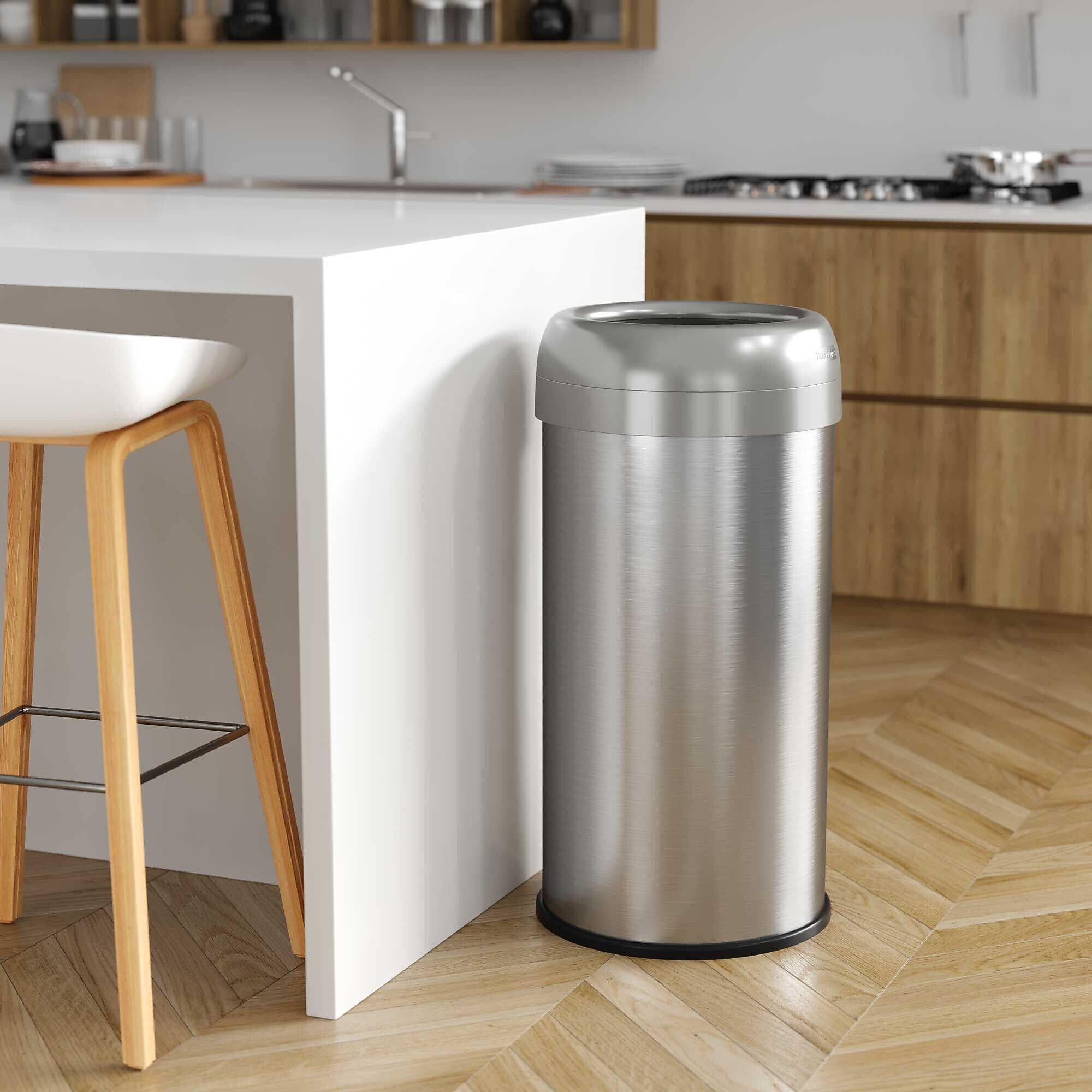 halo Stainless Steel Round Open Top Trash Can with Dual AbsorbX Odor Control System, Silver, 16 Gal. (OT16STR)