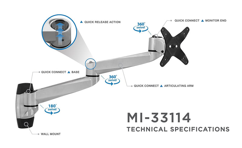 Mount-It! Modular Mount Adjustable Monitor Arm, Up to 27" Monitors, Gray/Silver (MI-33114)