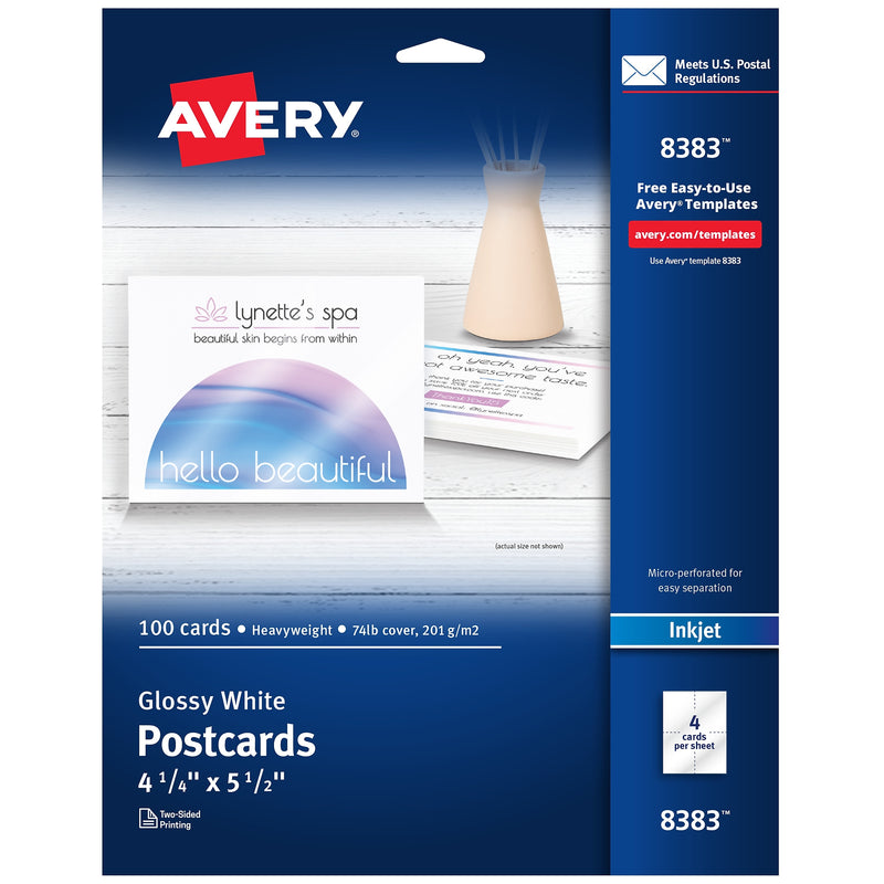 Avery Postcards, Glossy White, 4.25" x 5.5", Inkjet, 100/Pack (08383)