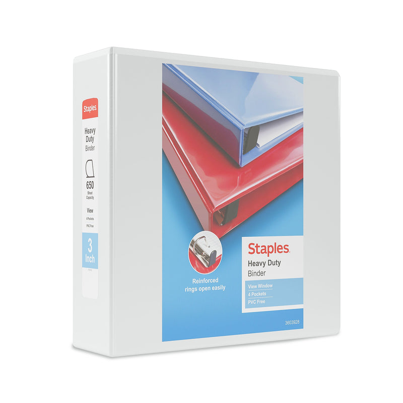 Staples Heavy Duty 3" 3-Ring View Binders, D-Ring, White, 4/Pack (56265CT/24693CT)