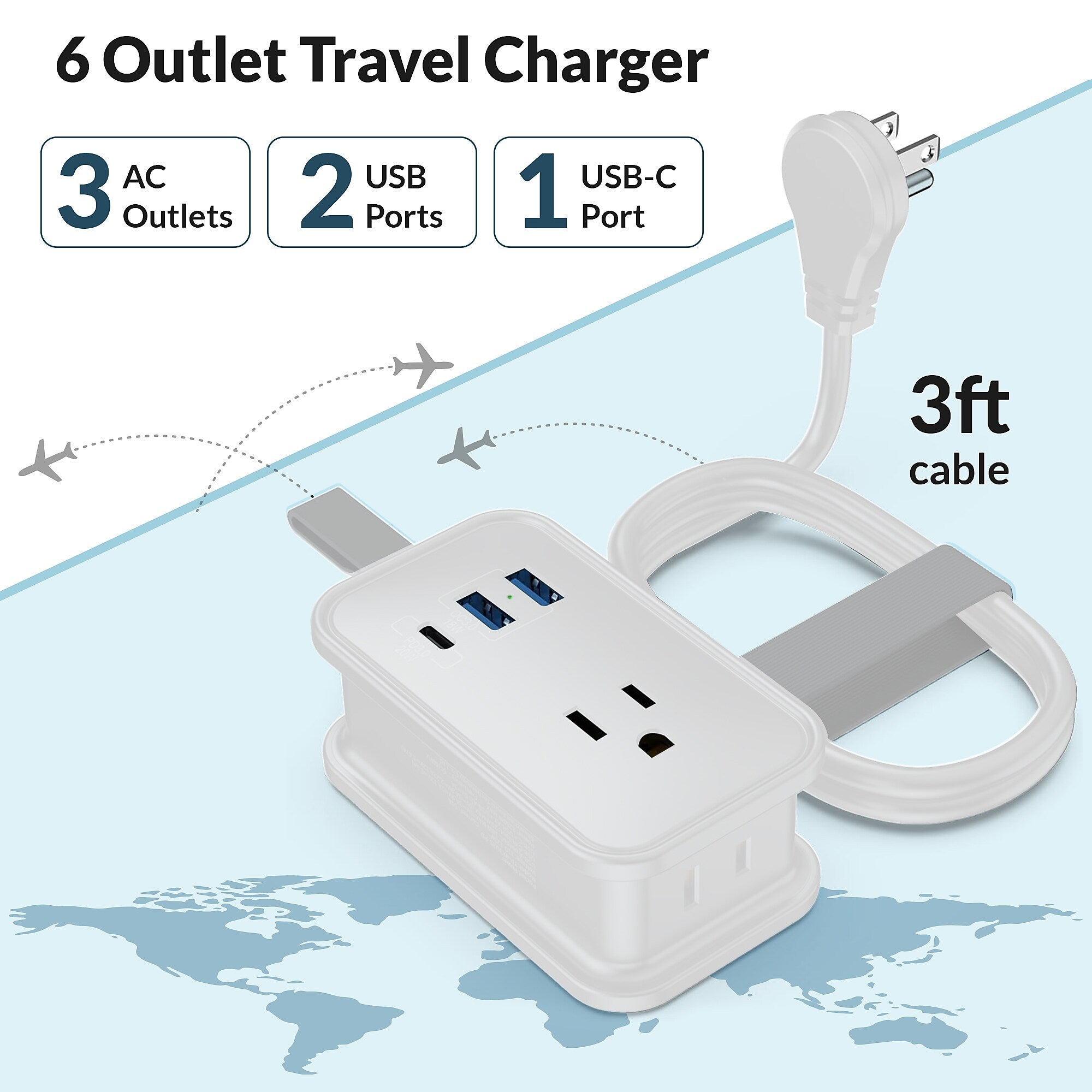 Uncaged Ergonomics 3-Outlet 3-USB Port Power Strip, 3', White (TC-w)