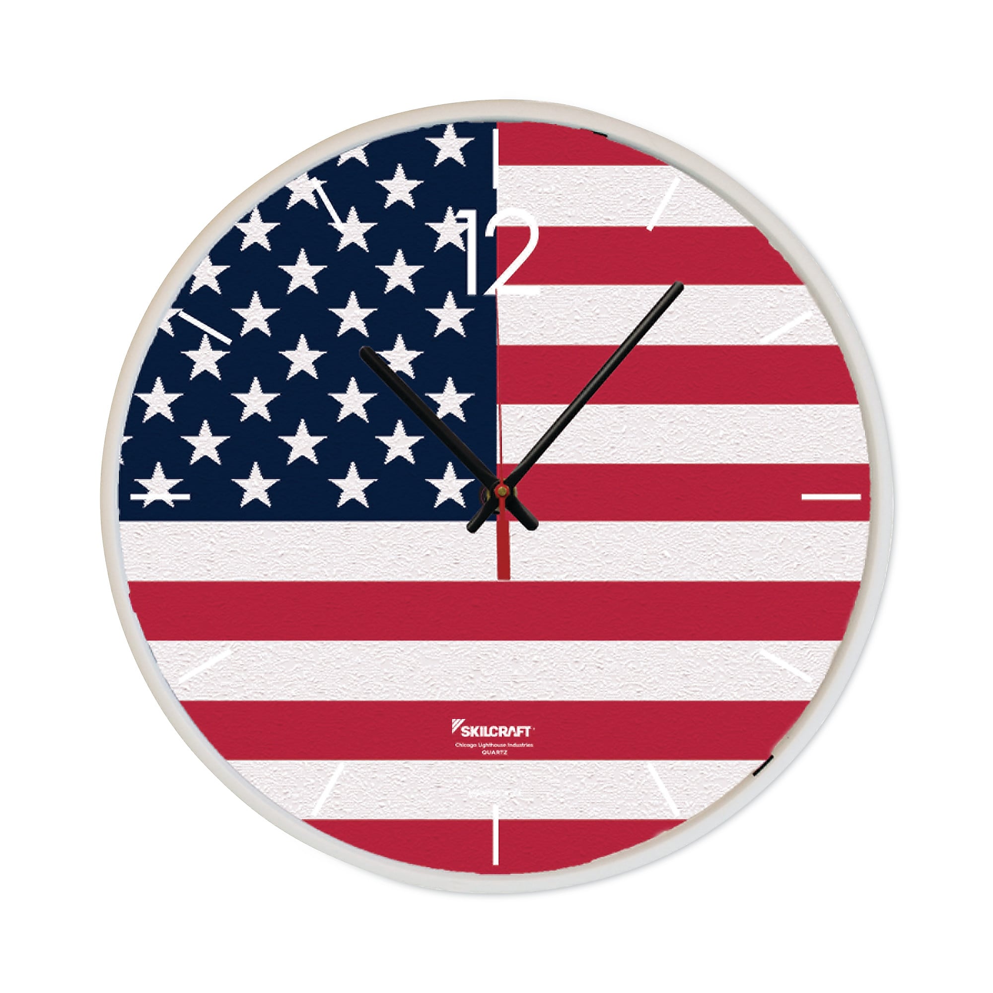 AbilityOne 6645016986559 SKILCRAFT American Flag Quartz Wall Clock, 12.75" Overall Diameter, White Case, 1 AA (NSN6986559)