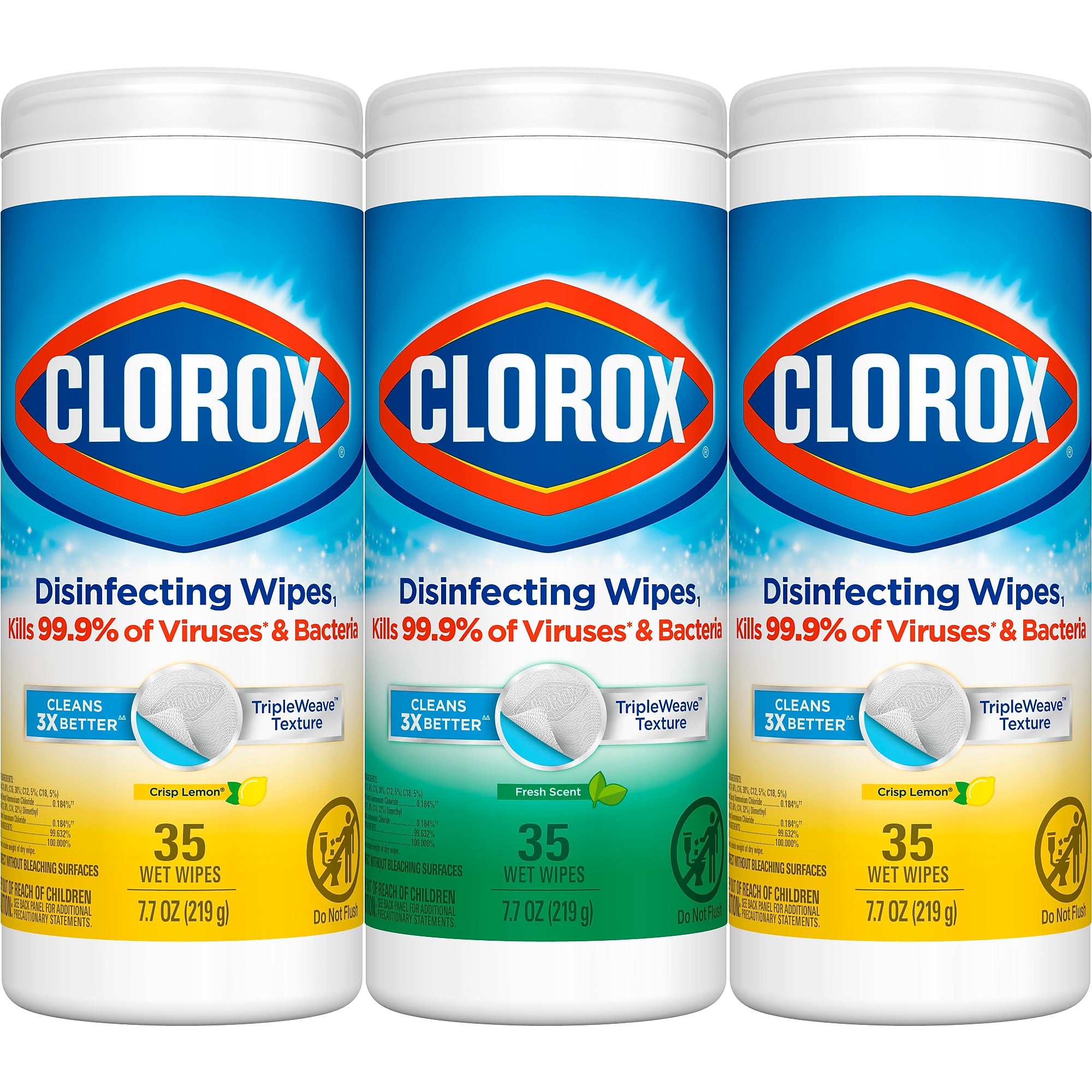 Clorox Disinfecting Wipes Value Pack, Fresh Scent and Crisp Lemon Scent, 35 Wipes/Container, 3/Pack (CLO 30112)