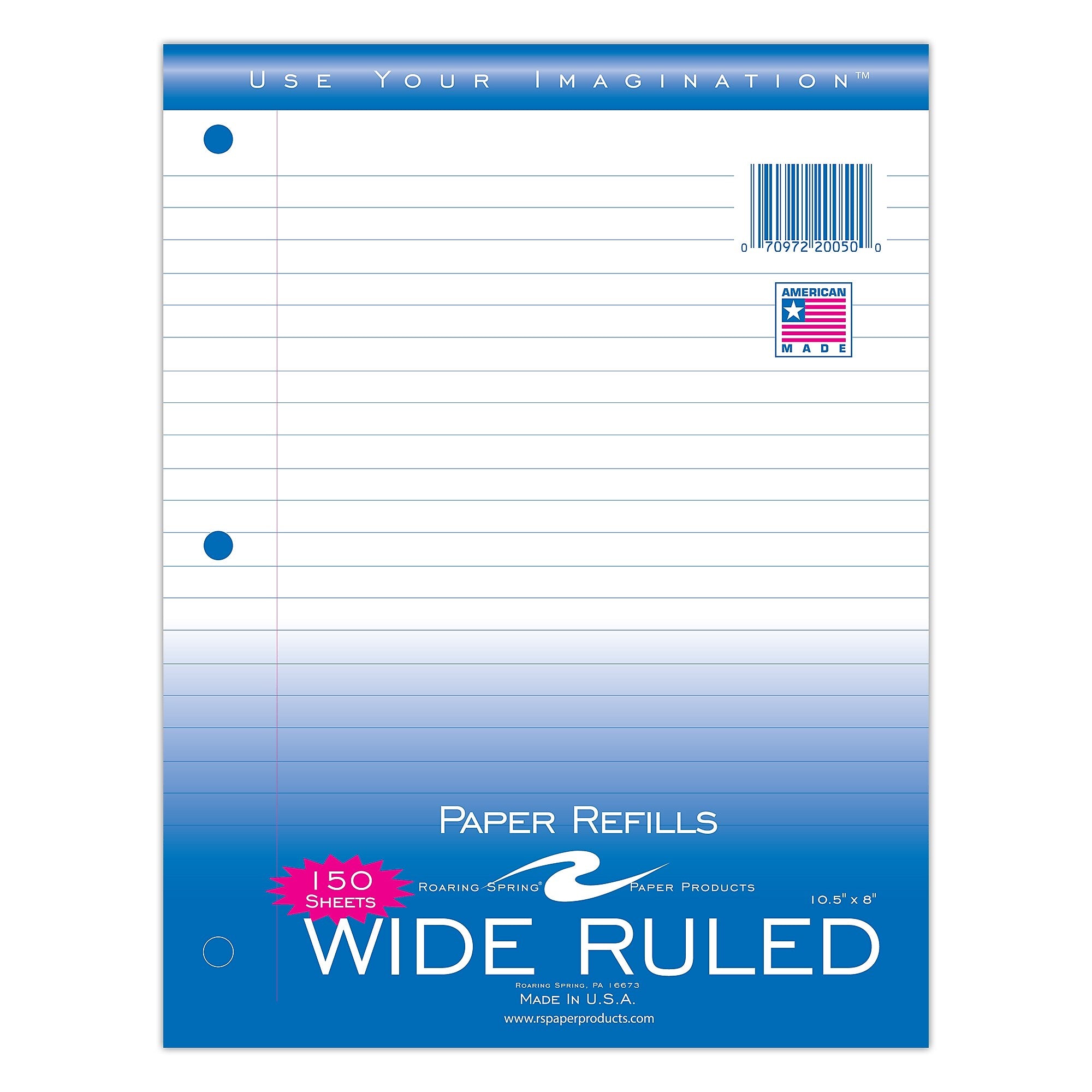 Roaring Spring Paper Products Wide Ruled Filler Paper, 8" x 10.5", 3-Hole Punched, 150 Sheets/Pack, 24/Case (20050CS)