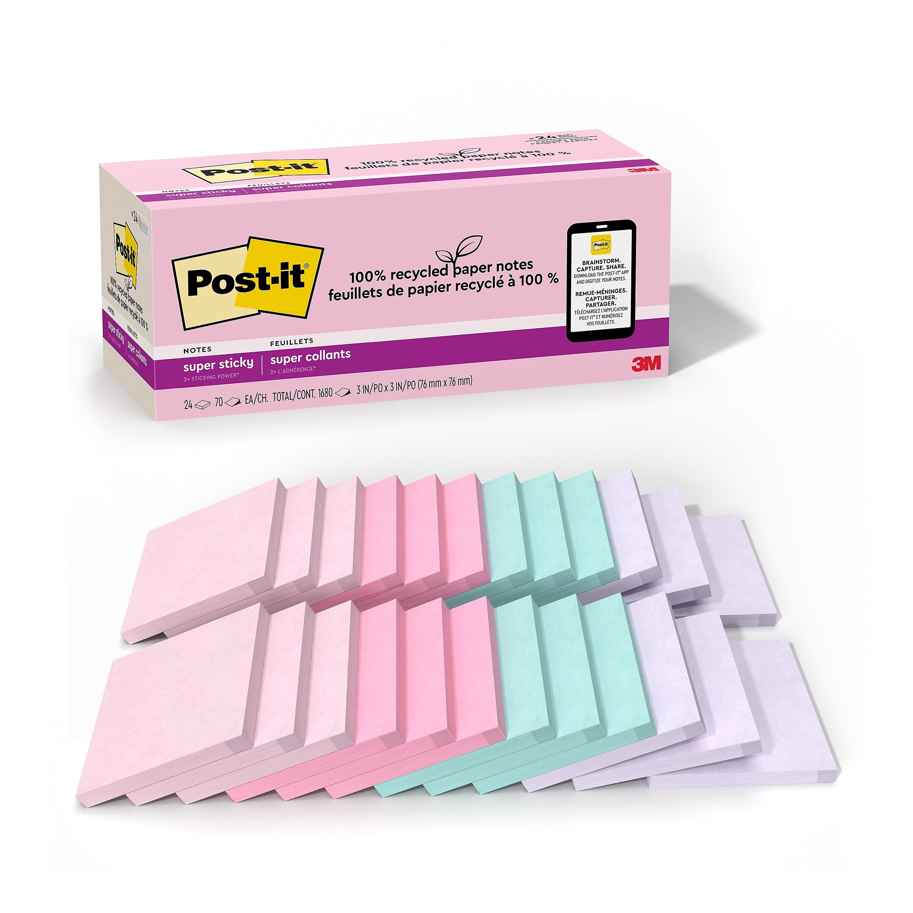 Post-it Recycled Super Sticky Notes, 3" x 3", Wanderlust Pastels Collection, 70 Sheets/Pad, 24 Pads/Pack (654R-24SSNRPCP)