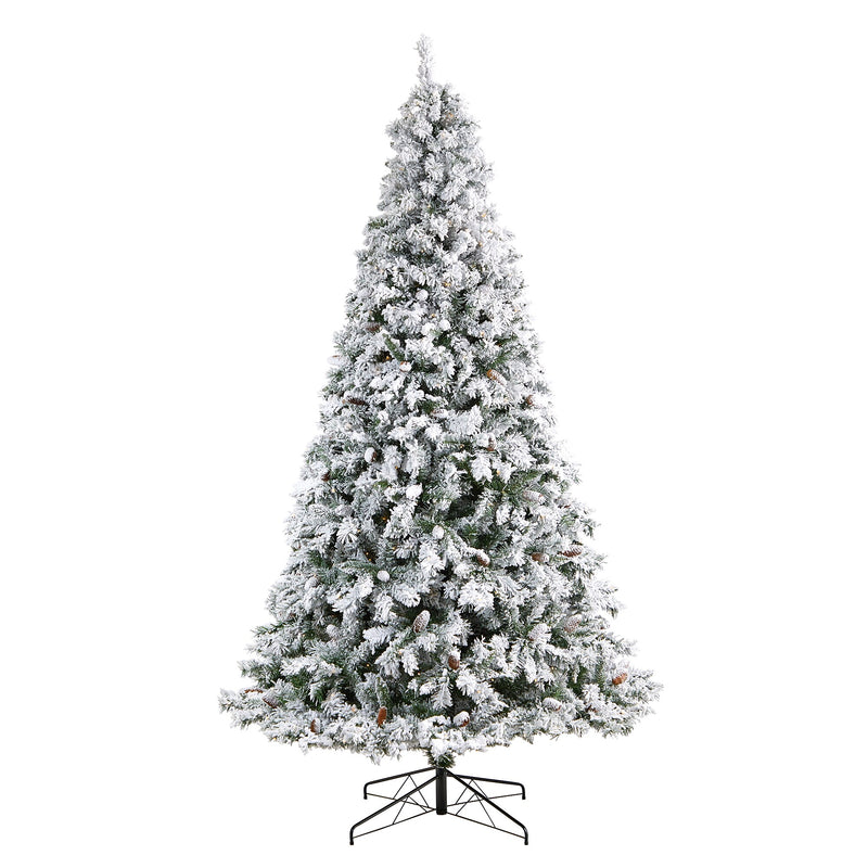 Nearly Natural 9-ft Flocked White River Mountain Pine Artificial Christmas Tree with Pinecones and 650 Clear LED Lights (T3384)