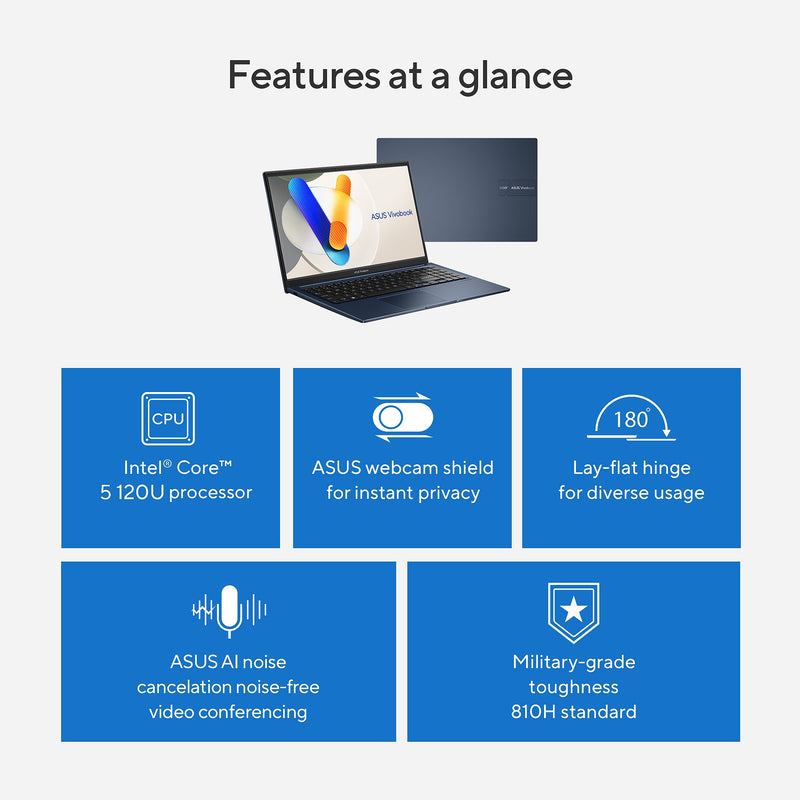ASUS Vivobook 15 FHD 15.6" Laptop, Intel Core 5 120U, 16GB RAM, 512 GB SSD, Backlit Keyboard, Windows 11