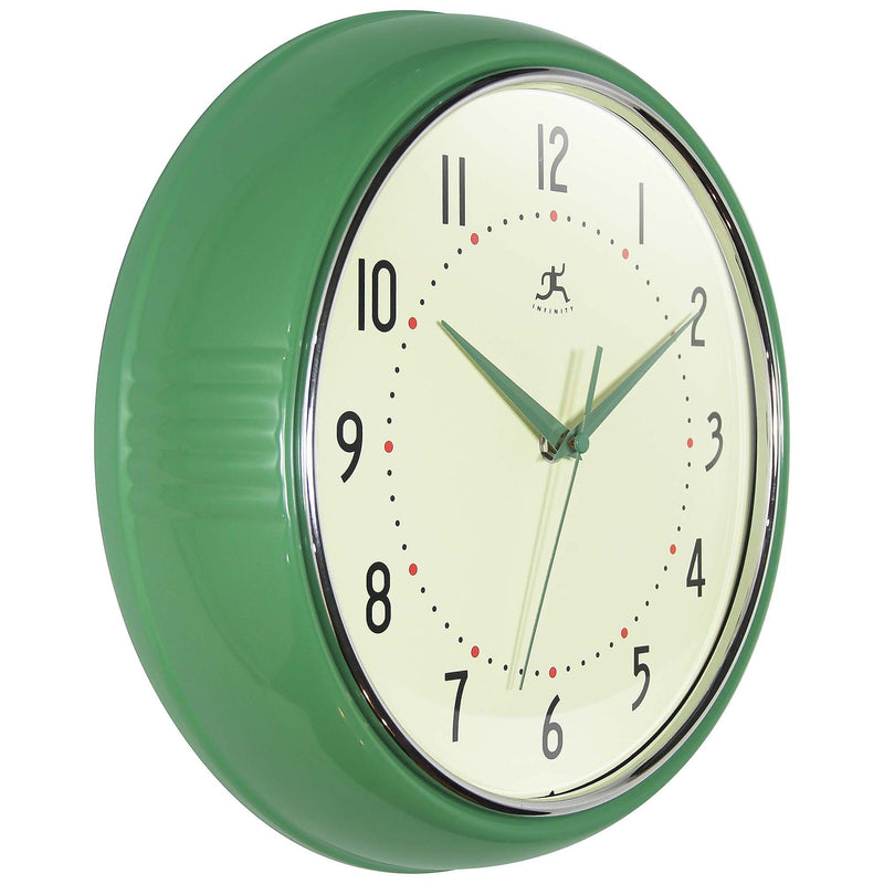 Infinity Instruments Round Retro Green Wall Clock, Aluminum, 12" (10940GR-12)