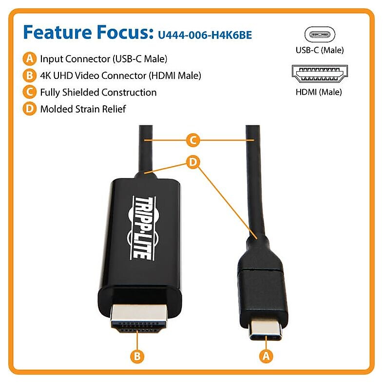 Tripp Lite 6' HDMI to USB C Audio/Video Cable, Male to Male, Black (U444-006-H4K6BE)