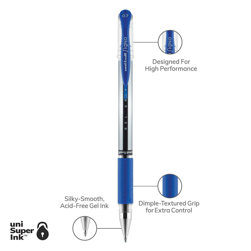 uni-ball Gel Grip Gel Pens, Medium Point, 0.7mm, Blue Ink, 12/Pack (65451)