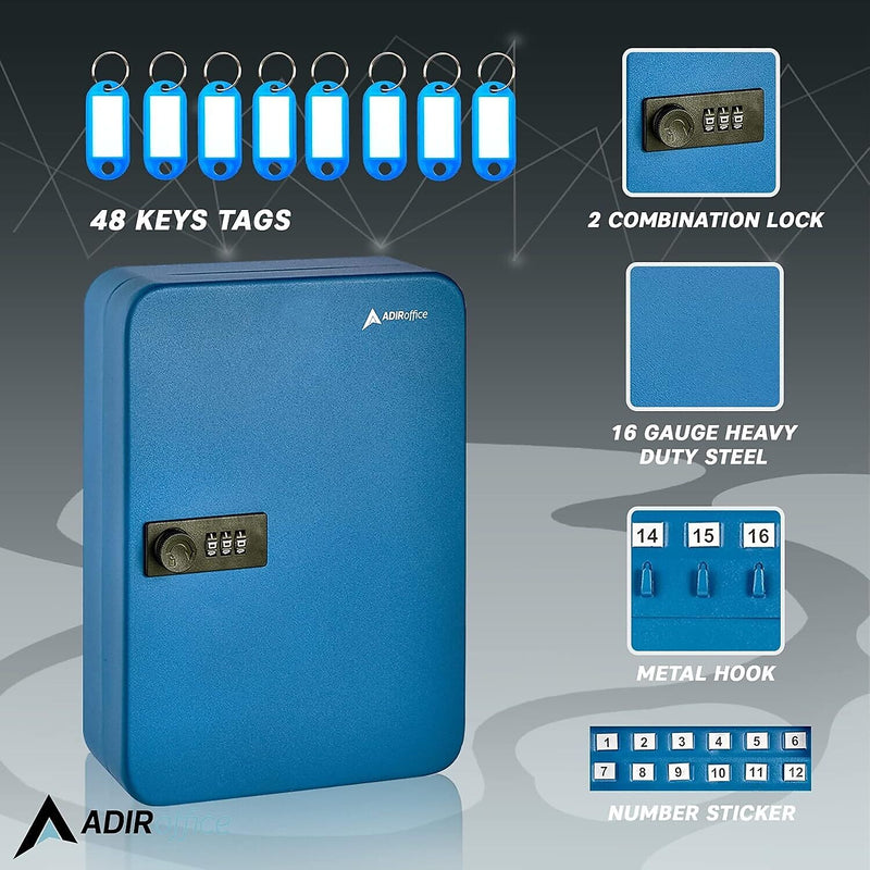 AdirOffice 48-Key Cabinet with Combination Lock and Key Tags, Blue (682-48-BLU-689-PKG)