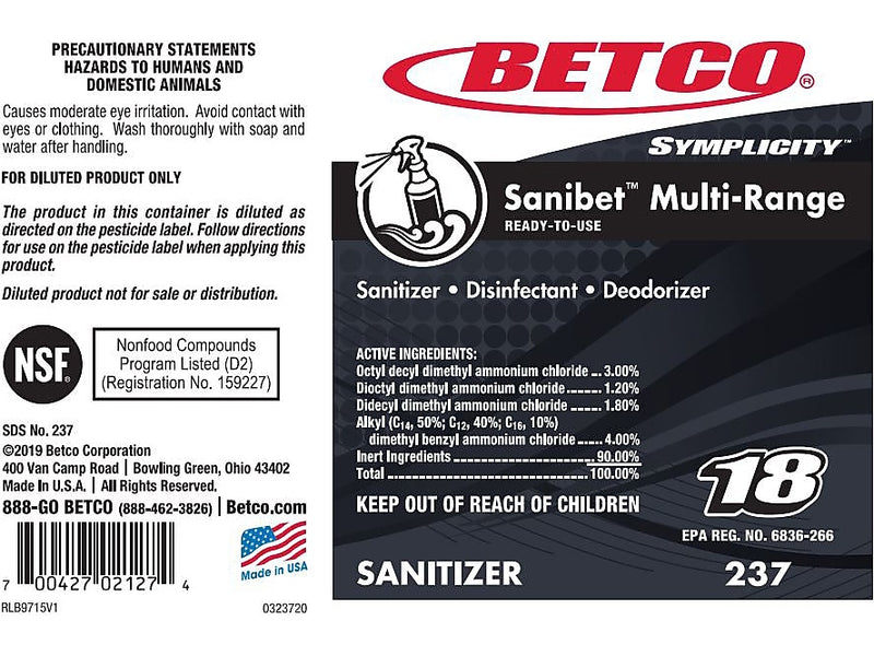 Betco Sanibet Sanitizer Secondary Label, 4" x 6", Multicolor, 24 Labels/Pack (2379090)