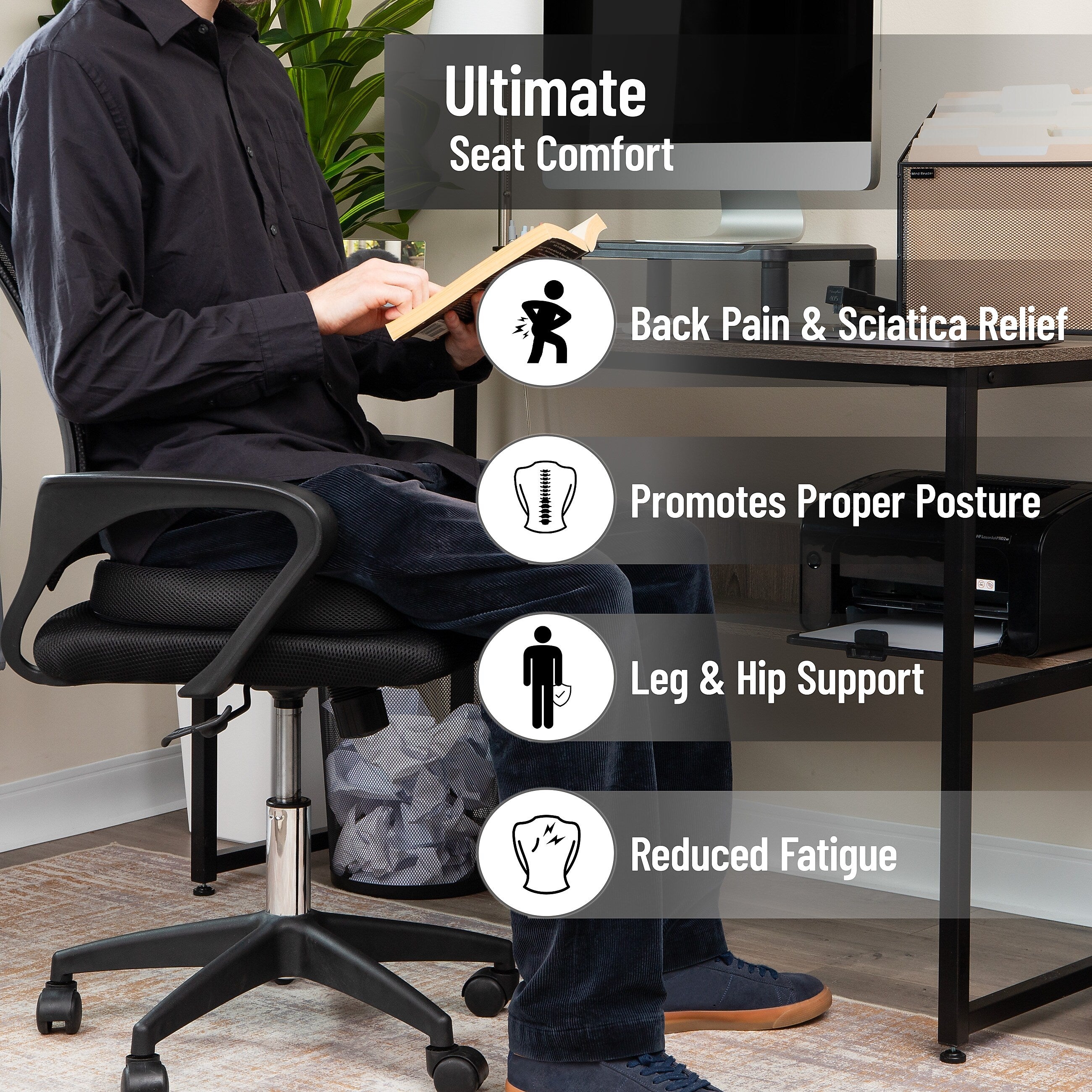 Mind Reader Memory Foam with Gel Core Office Chair Ergonomic Orthopedic Cushion, Black (GELCUSH-BLU)