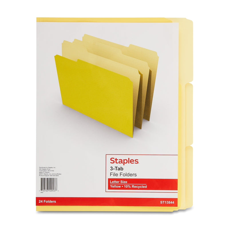 Staples File Folders, 1/3-Cut Tab, Letter Size, Yellow, 24/Pack (ST13844-CC)