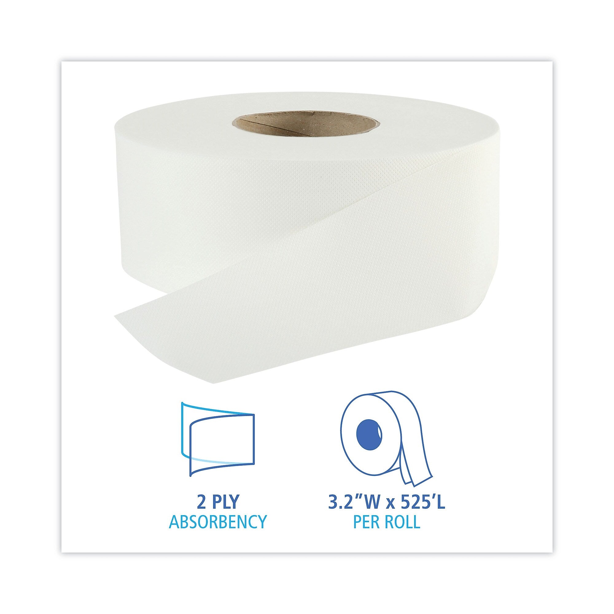Boardwalk® Jumbo Roll Bathroom Tissue, 2-Ply, White, 3.2" X 525 Ft, 12 Rolls/carton