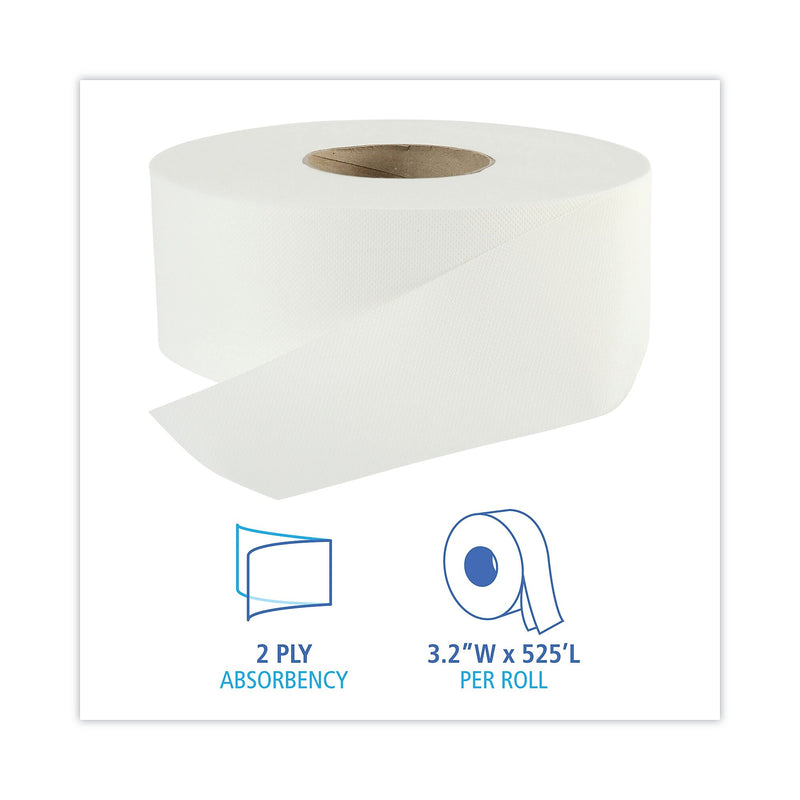 Boardwalk® Jumbo Roll Bathroom Tissue, 2-Ply, White, 3.2" X 525 Ft, 12 Rolls/carton