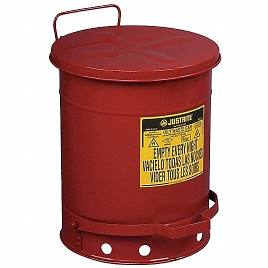 Justrite Oily Waste Can With Foot-Operated Self-Closing Cover, UL, Red,  10 Gallon Capacity