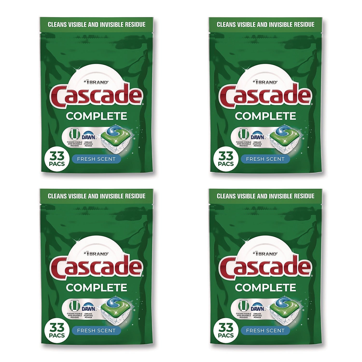 Cascade Complete ActionPacs Dishwasher Detergent, Fresh Scent, 17.6 oz., 33 Pacs/Bag, 4 Bags/Carton (80797047)