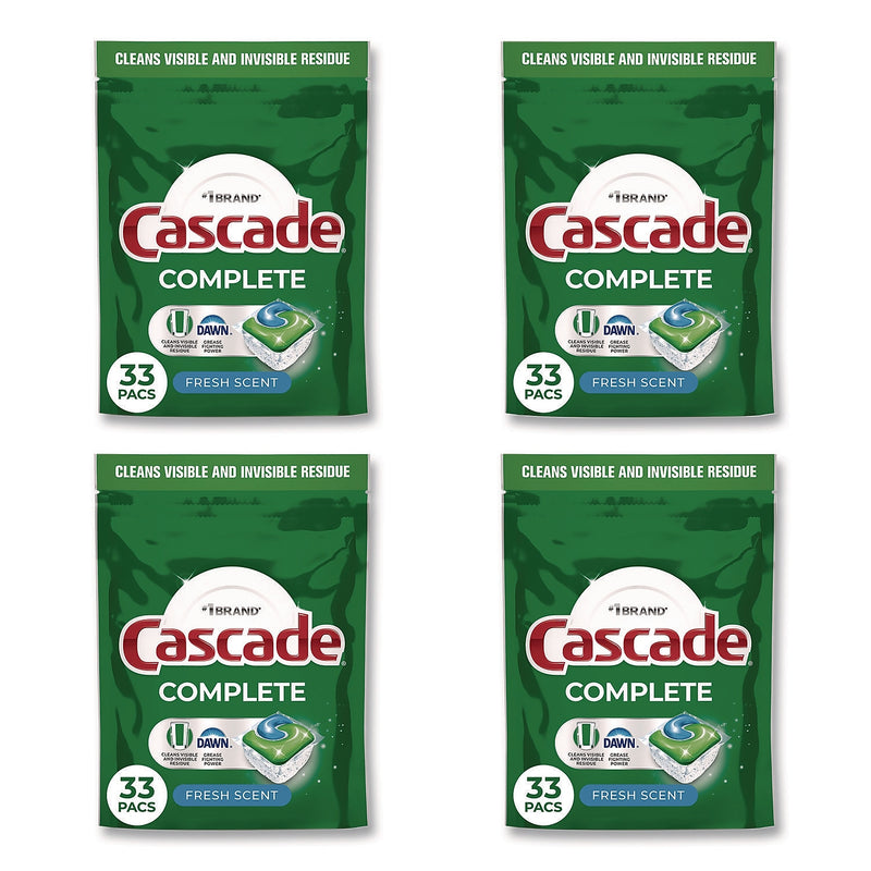 Cascade Complete ActionPacs Dishwasher Detergent, Fresh Scent, 17.6 oz., 33 Pacs/Bag, 4 Bags/Carton (80797047)