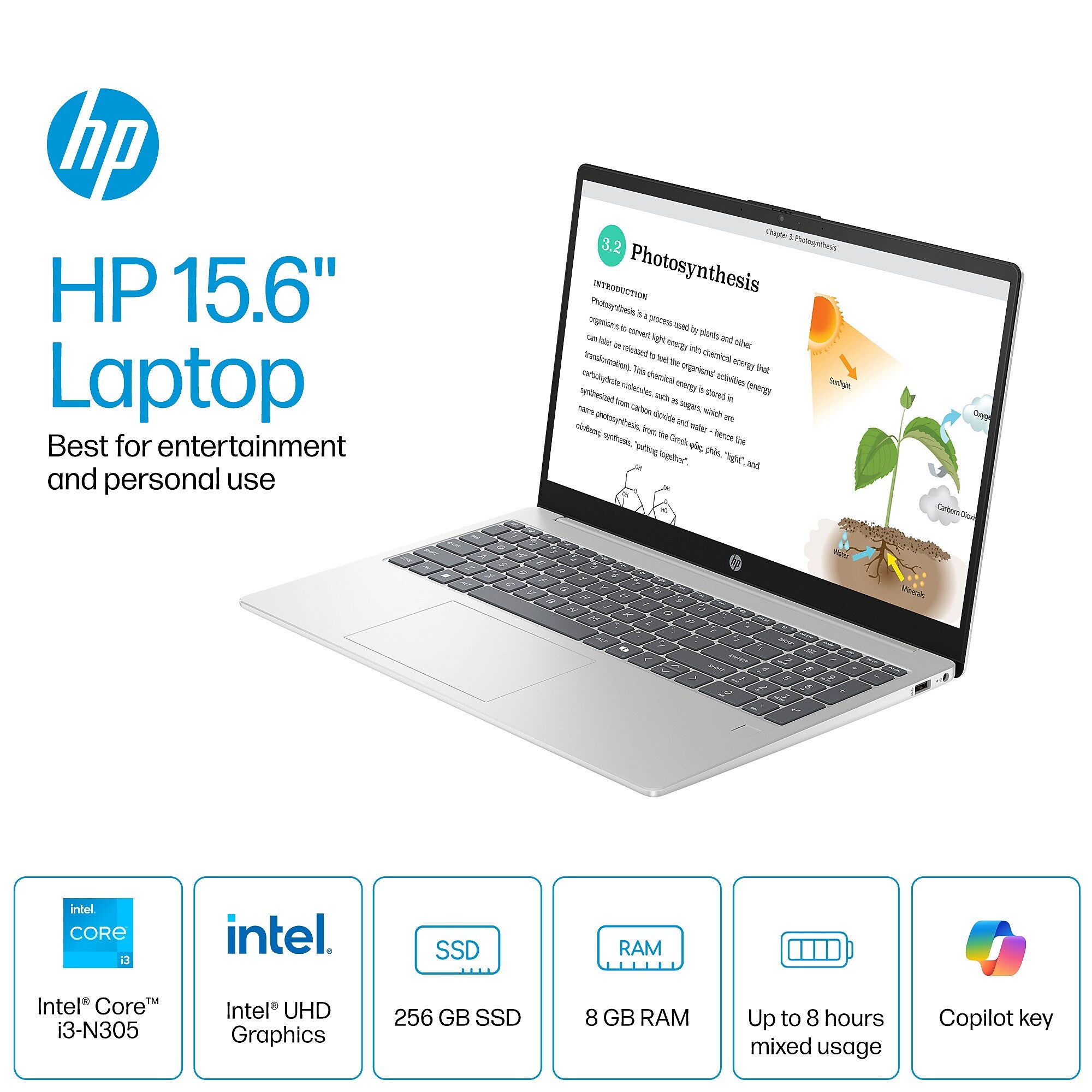 HP 15.6" LED Laptop, Intel Core i3-N305, 8GB RAM, 256GB SSD,+ 7 hours battery, Windows 11 (B42YPUA#ABA)