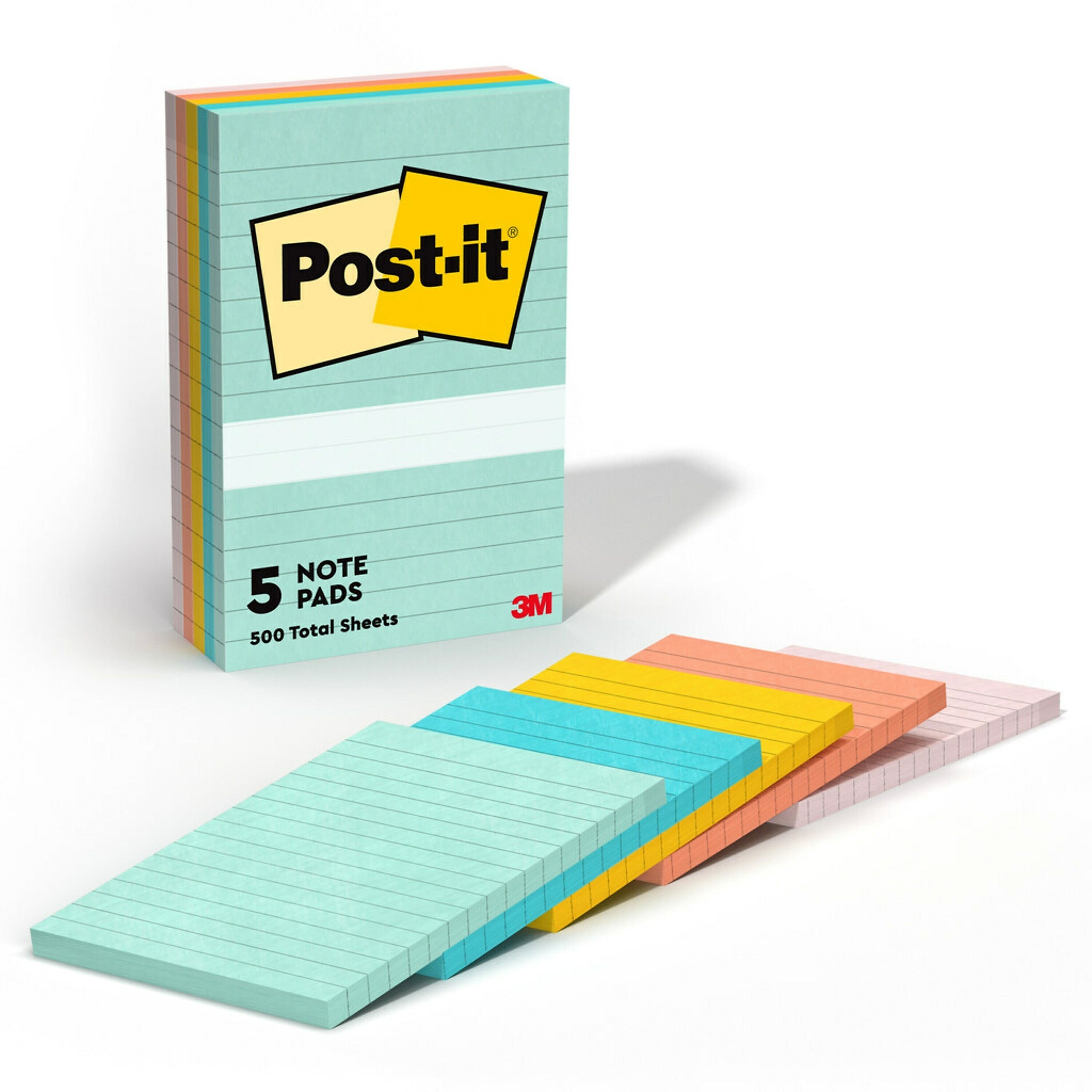 Post-it Notes, 4" x 6", Beachside Café Collection, Lined, 100 Sheet/Pad, 5 Pads/Pack (6605PKAST)
