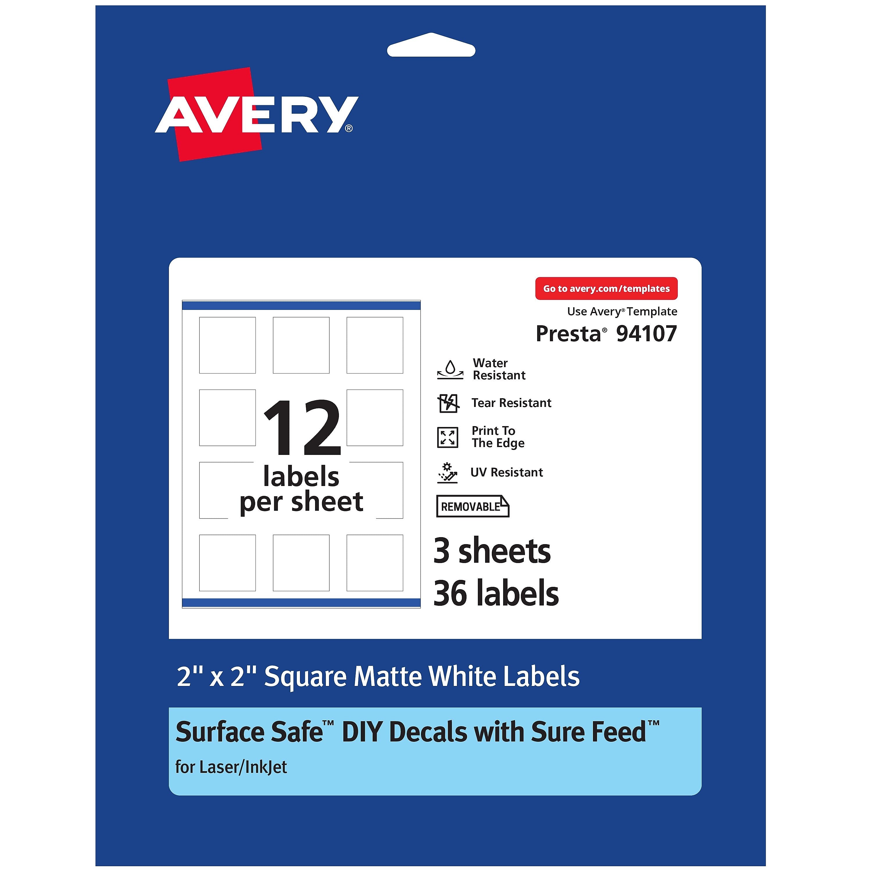 Avery Laser/Inkjet Square Multipurpose Labels, 2" x 2", Matte White, 36 Labels/Pack (94107)