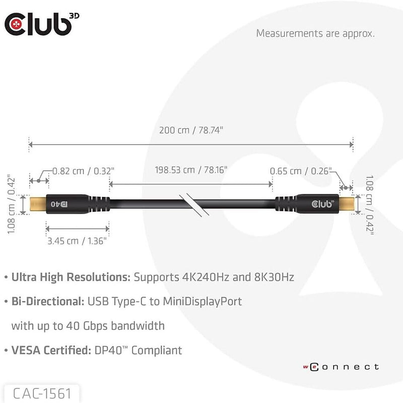 Club 3D 6.56' USB C to Mini DisplayPort Audio/Video Cable, Male to Male, Black (CAC-1561)