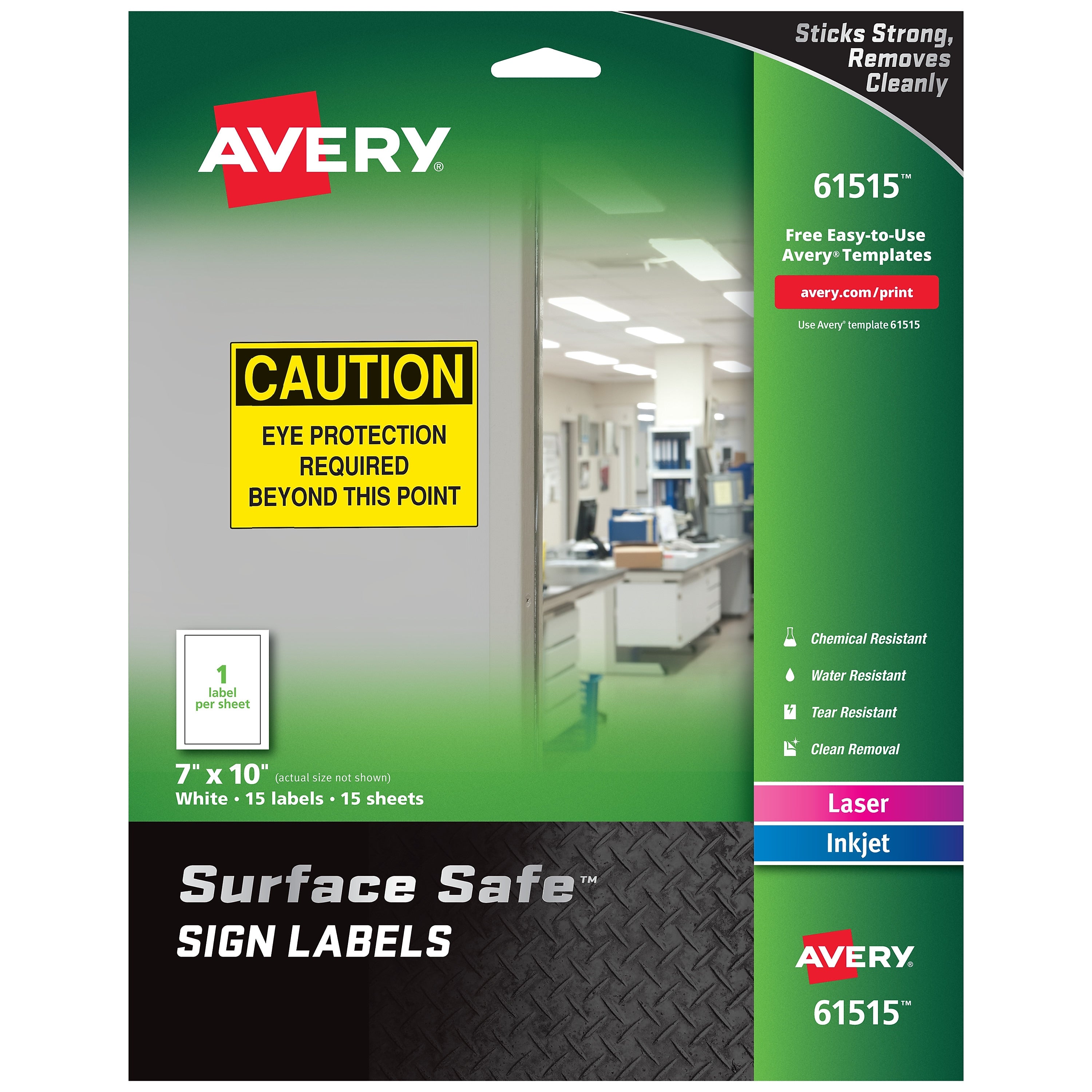 Avery Surface Safe Laser/Inkjet Label Safety Signs, 7" x 10", White, 15 Labels/Pack (61515)