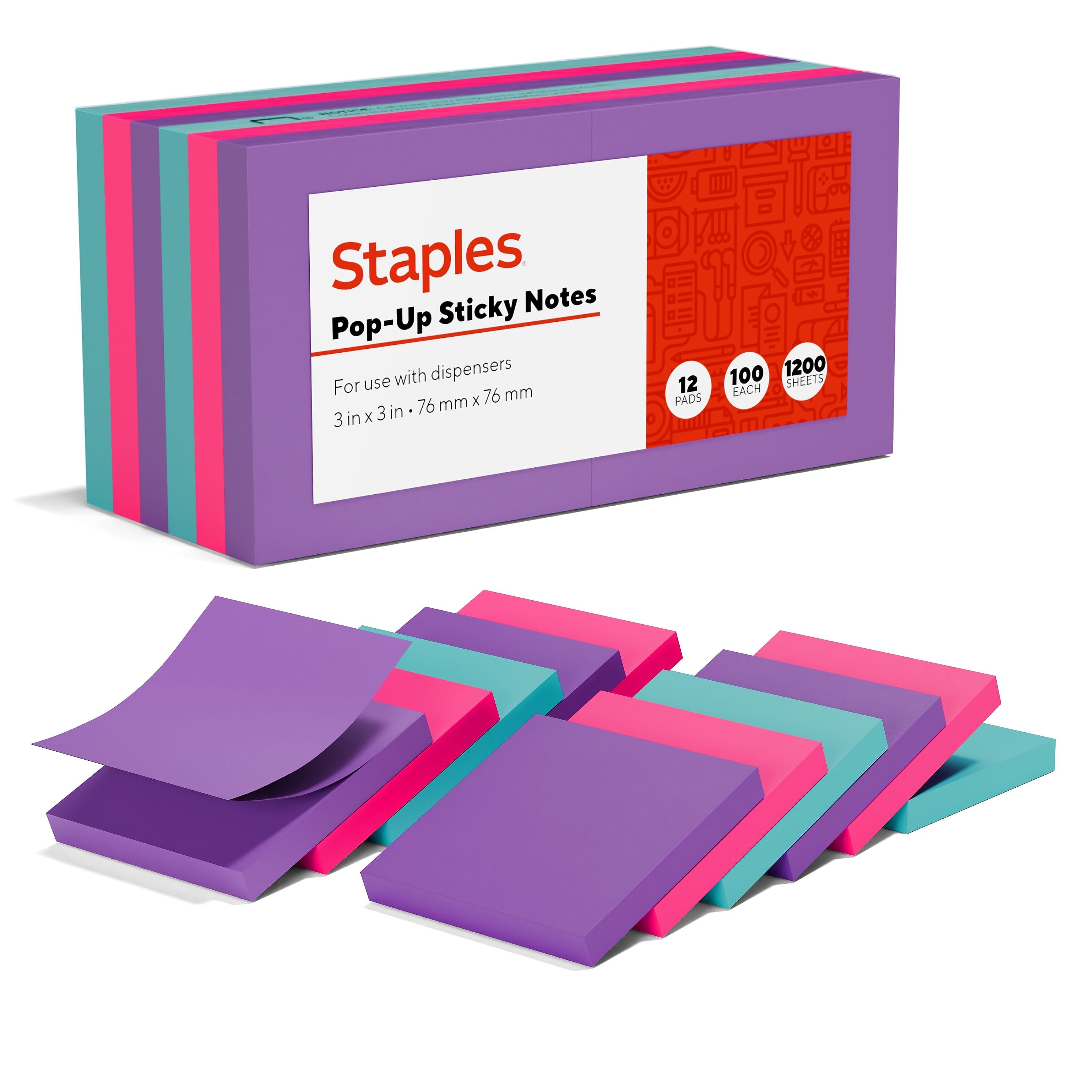 Staples Pop-up Sticky Notes, 3" x 3", Berry Blast Collection, 100 Sheets/Pad, 12 Pads/Pack (52225)