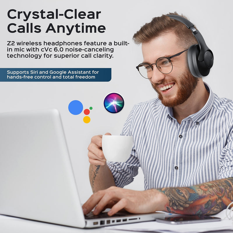 Treblab Wireless Noise Canceling Over-Ear Headphones, Bluetooth, Black (Z2)